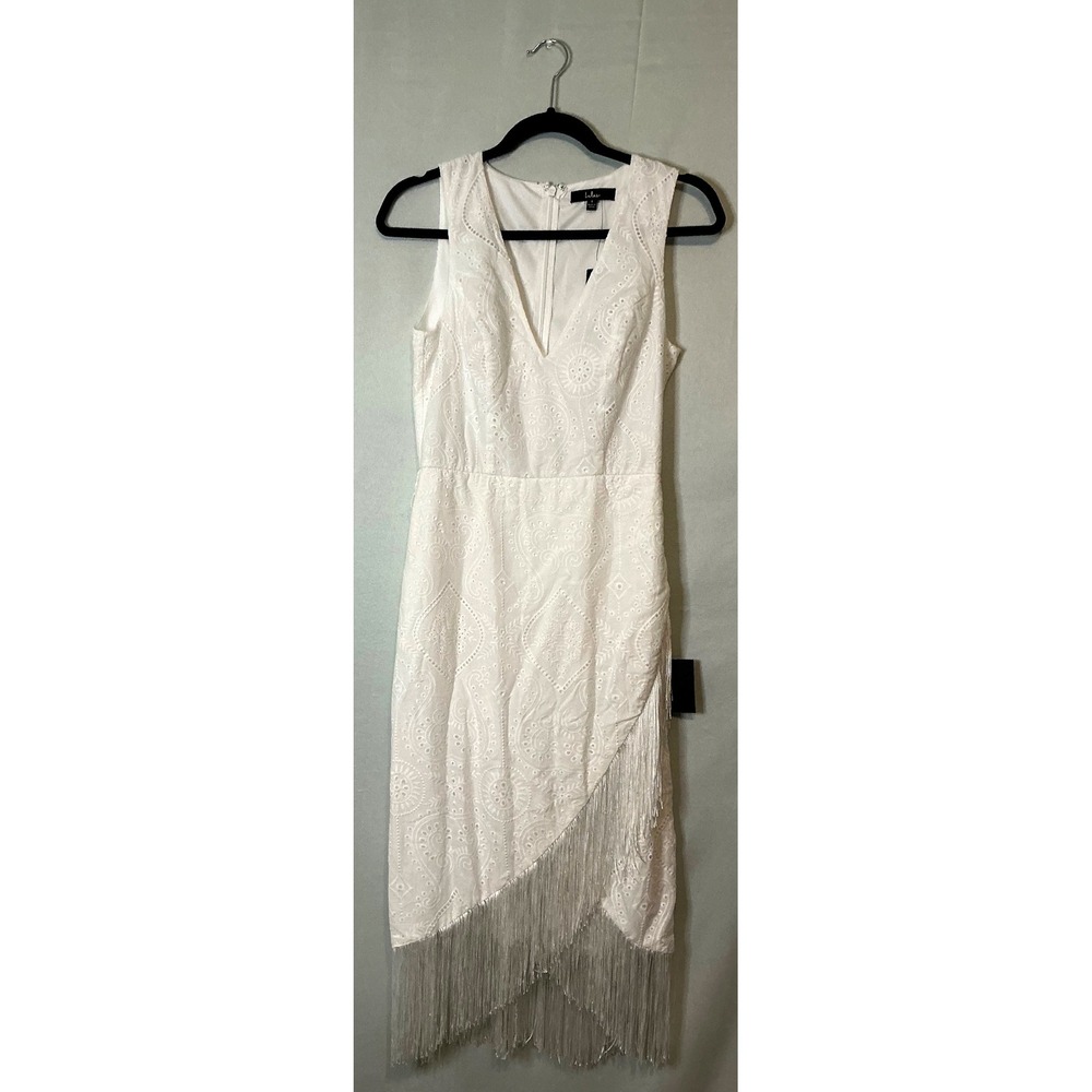 Lulus White Eyelet Fringe Hem Sleeveless‎ Midi Dress S Beachy Resort Vacation